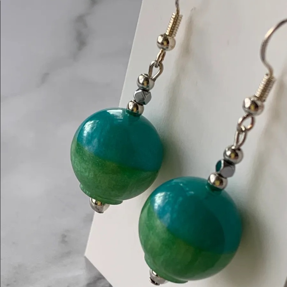 Teal and green ball drop earrings